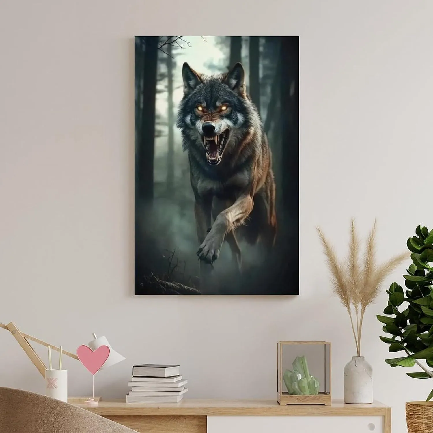 KRECDKQ Wolf Jungle Running Roaring Cool Poster Canvas Wall Art Prints Posters for Room Aesthetic Bedroom Living Room Pictures Paintings Wall Decor for Mens Framed Unframed 16x24inch(40x60cm)