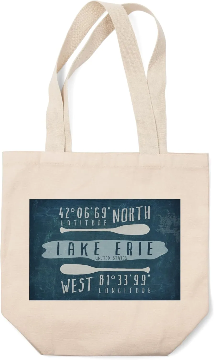 Lake Erie, United States, Lake Essentials, Latitude and Longitude (100% Cotton Canvas Reusable Tote Bag)