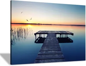 lake wall art pier picture: scenic nature canvas wall art lake scene artwork dock scenery wall decor painting - sunset landscape prints for bedroom house 45"x30"