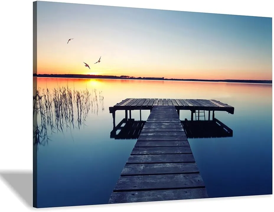 lake wall art pier picture: scenic nature canvas wall art lake scene artwork dock scenery wall decor painting - sunset landscape prints for bedroom house 45"x30"