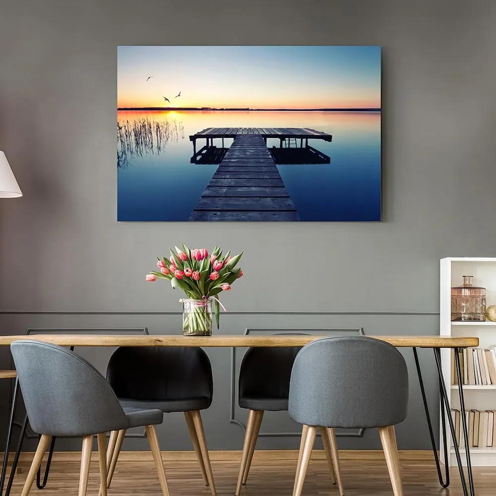 lake wall art pier picture: scenic nature canvas wall art lake scene artwork dock scenery wall decor painting - sunset landscape prints for bedroom house 45"x30"