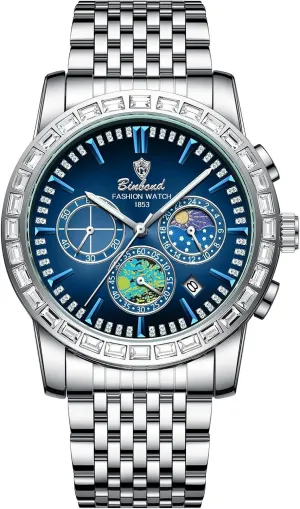 Lancardo Fashionable Mens Three-Eye Watch: Analog Quartz Luminous Hands Starry Night Art Dial Gold Tone Band Case