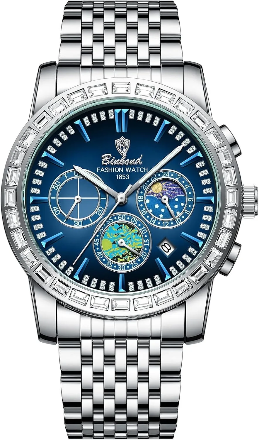 Lancardo Fashionable Mens Three-Eye Watch: Analog Quartz Luminous Hands Starry Night Art Dial Gold Tone Band Case