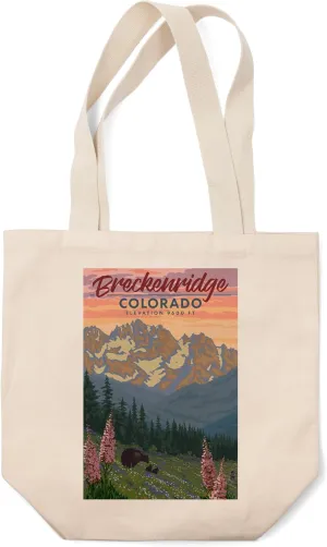 Lantern Press Breckenridge, Colorado, Elevation 9600, Bear and Spring Flowers (100% Cotton Canvas Reusable Tote Bag)