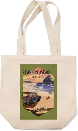Lantern Press Cannon Beach, Oregon, Woody and Haystack Rock, (100% Cotton Canvas Reusable Tote Bag)