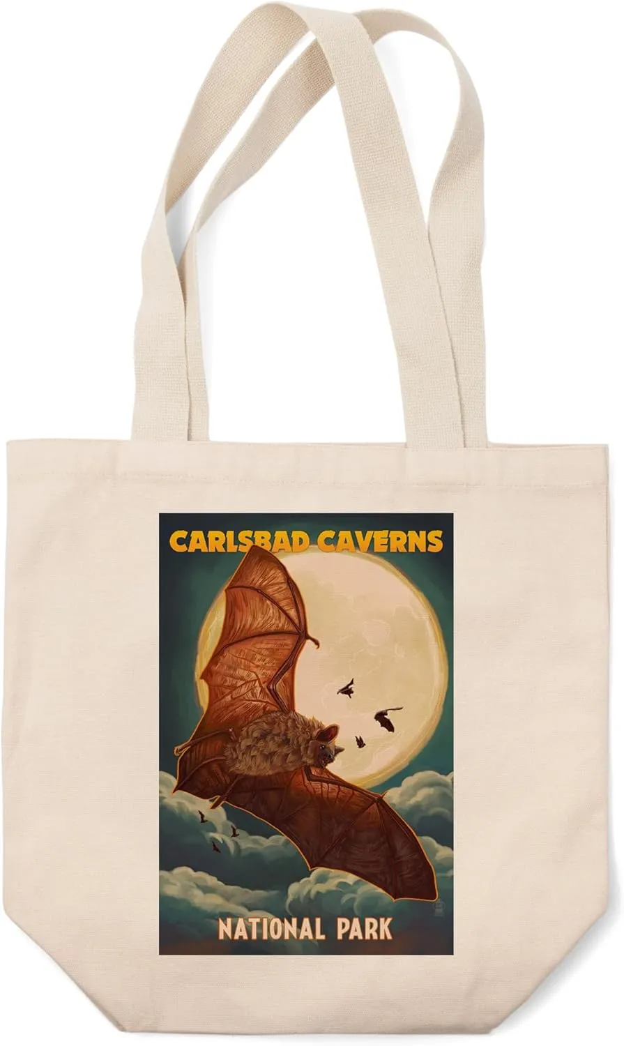 Lantern Press Carlsbad Caverns National Park, Bats and Full Moon (100% Cotton Canvas Reusable Tote Bag)