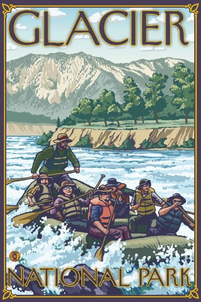 Lantern Press White Water Rafting, Glacier National Park, MT, (24x36 Wrapped Canvas, Wall Decor, Artwork)