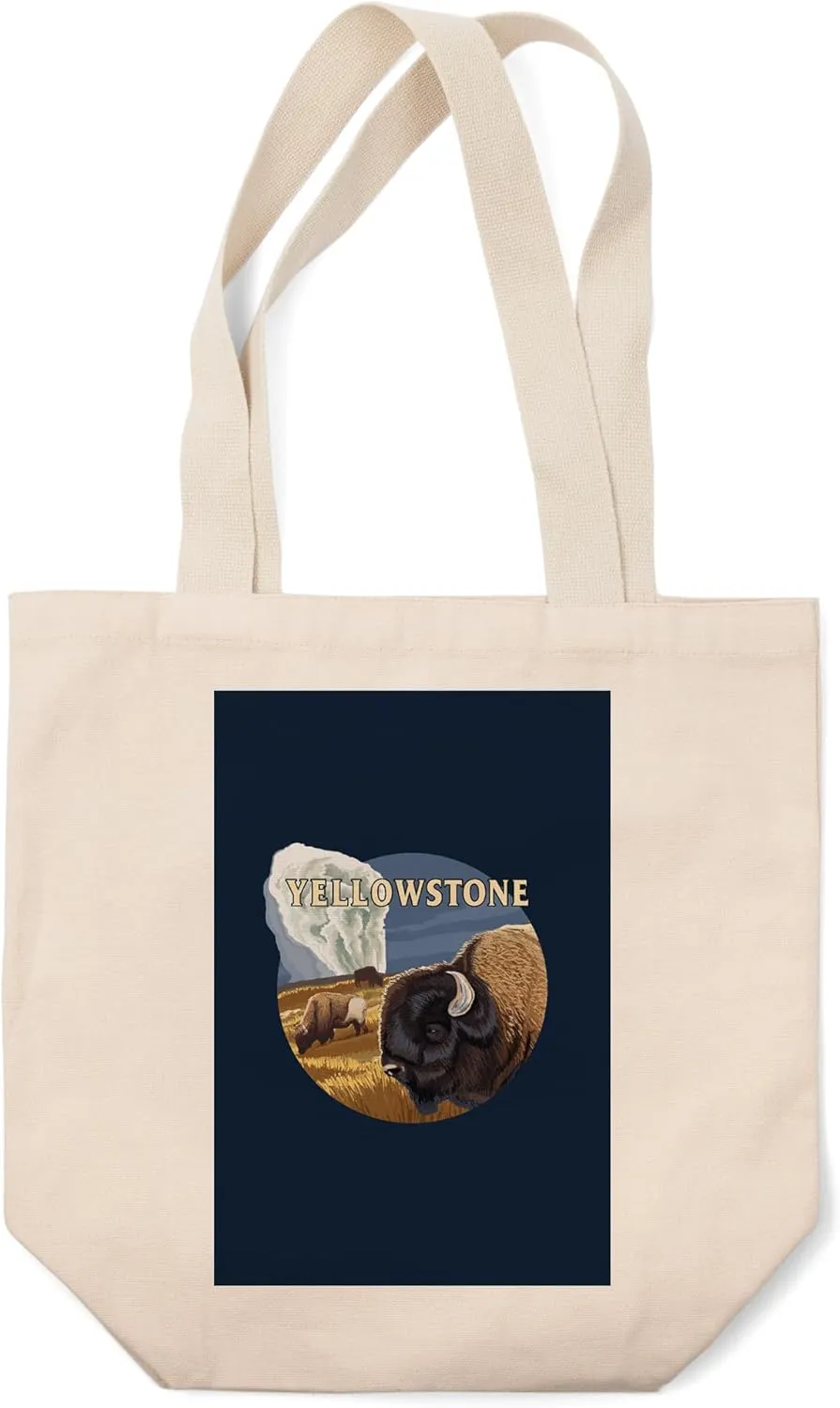 Lantern Press Yellowstone National Park, Wyoming, Bison and Old Faithful, (100% Cotton Canvas Reusable Tote Bag)