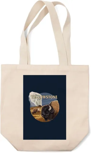 Lantern Press Yellowstone National Park, Wyoming, Bison and Old Faithful, (100% Cotton Canvas Reusable Tote Bag)