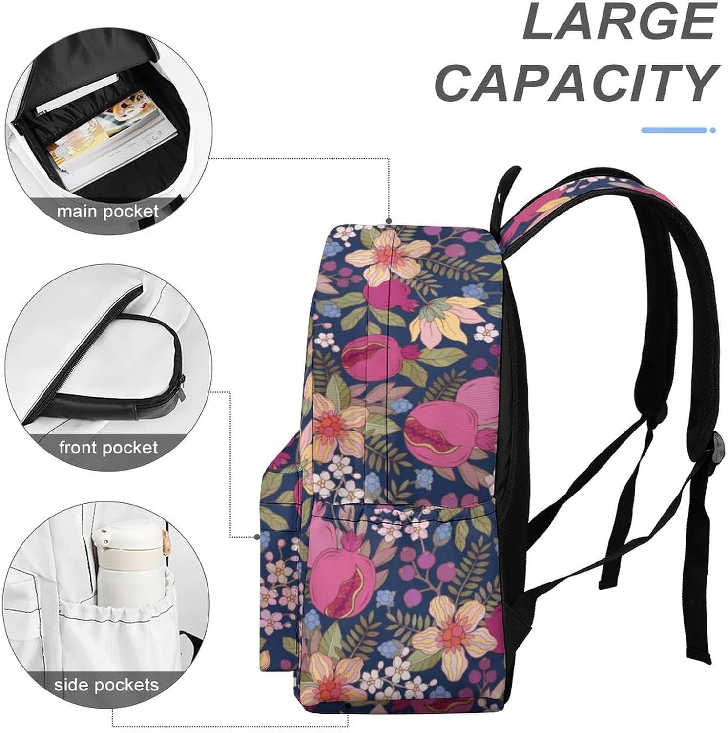 Laptop Backpack for Men Women Pomegranate Flowers Pattern Travel Work Backpack with Compartment Large Capacity Elegant Daypack Business Work Bag
