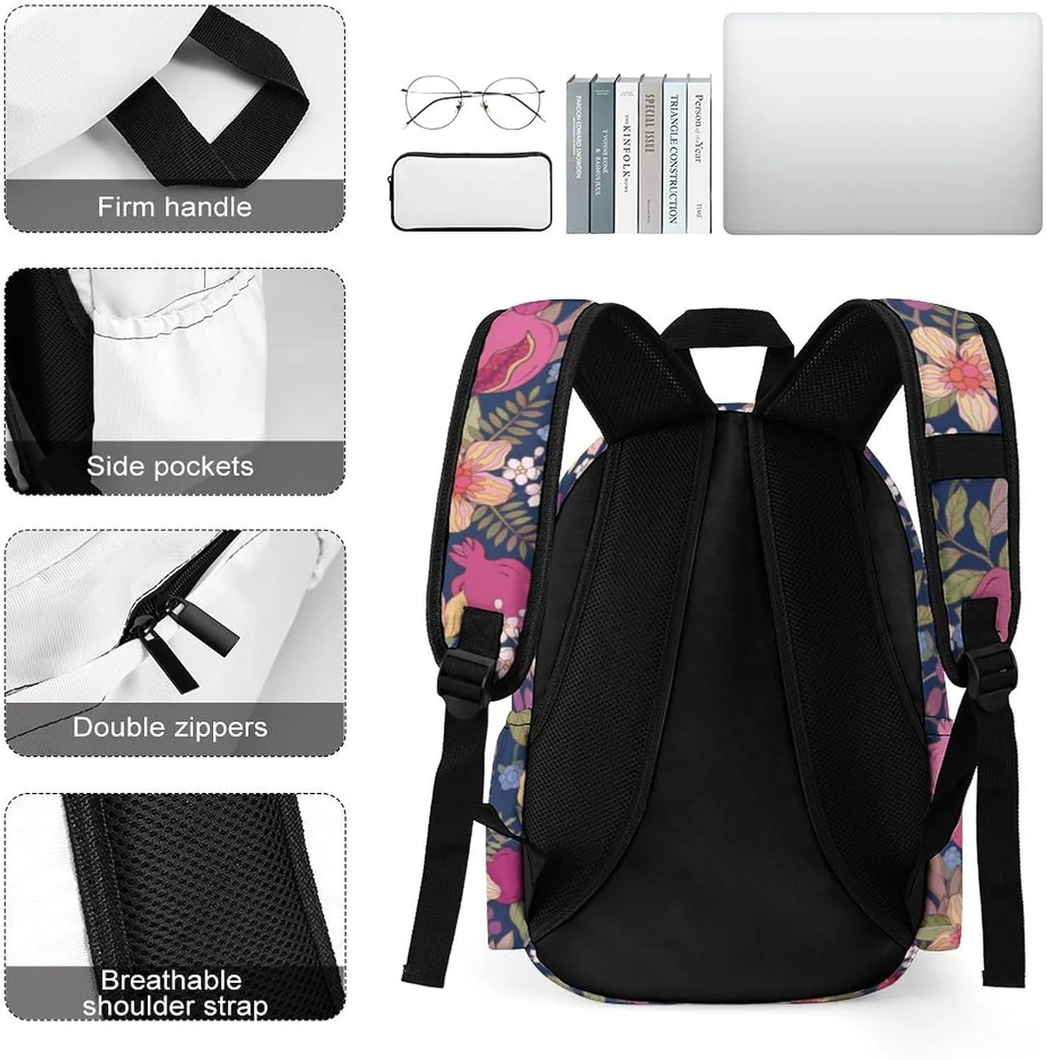 Laptop Backpack for Men Women Pomegranate Flowers Pattern Travel Work Backpack with Compartment Large Capacity Elegant Daypack Business Work Bag