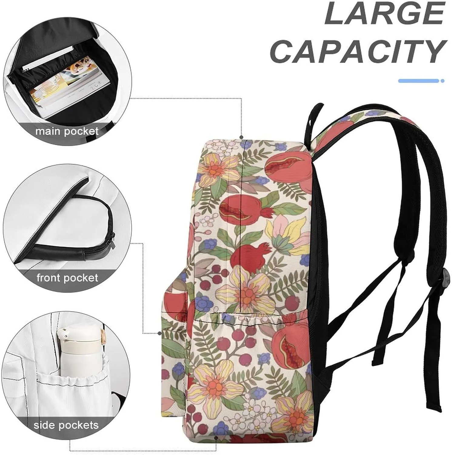 Laptop Backpack for Men Women Pomegranate Leaf And Flowers Travel Work Backpack with Compartment Large Capacity Daypack Business Work Bag