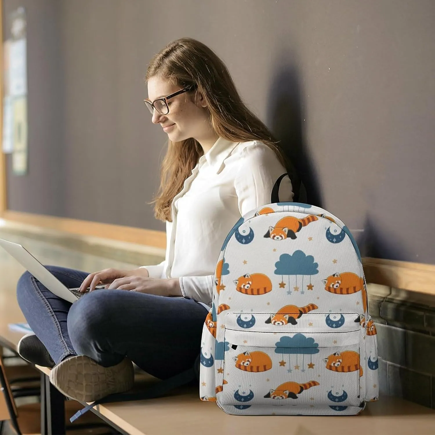 Laptop Backpack for Men Women Red Panda Moon Travel Work Backpack with Compartment Large Capacity Daypack Business Work Bag