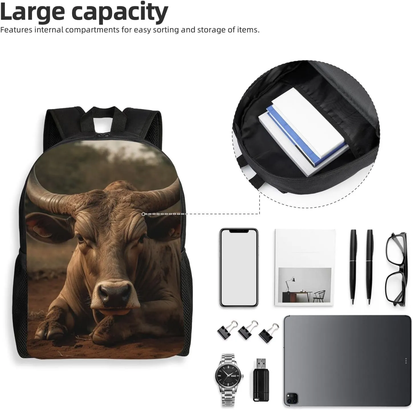 Laptop Backpack for Women Men Carry-on Backpack Bull Resting in the Field Daypack Lightweight Travel Shoulder Bags