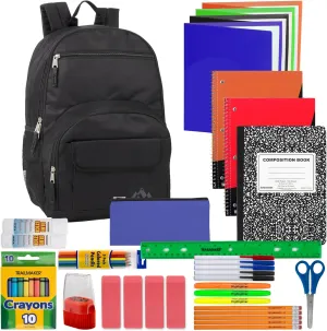 Laptop Backpack with School Supplies Kit | 18 Inch Black Multi Pocket Padded Straps, Side Pockets for School Boys, Girls, Travel