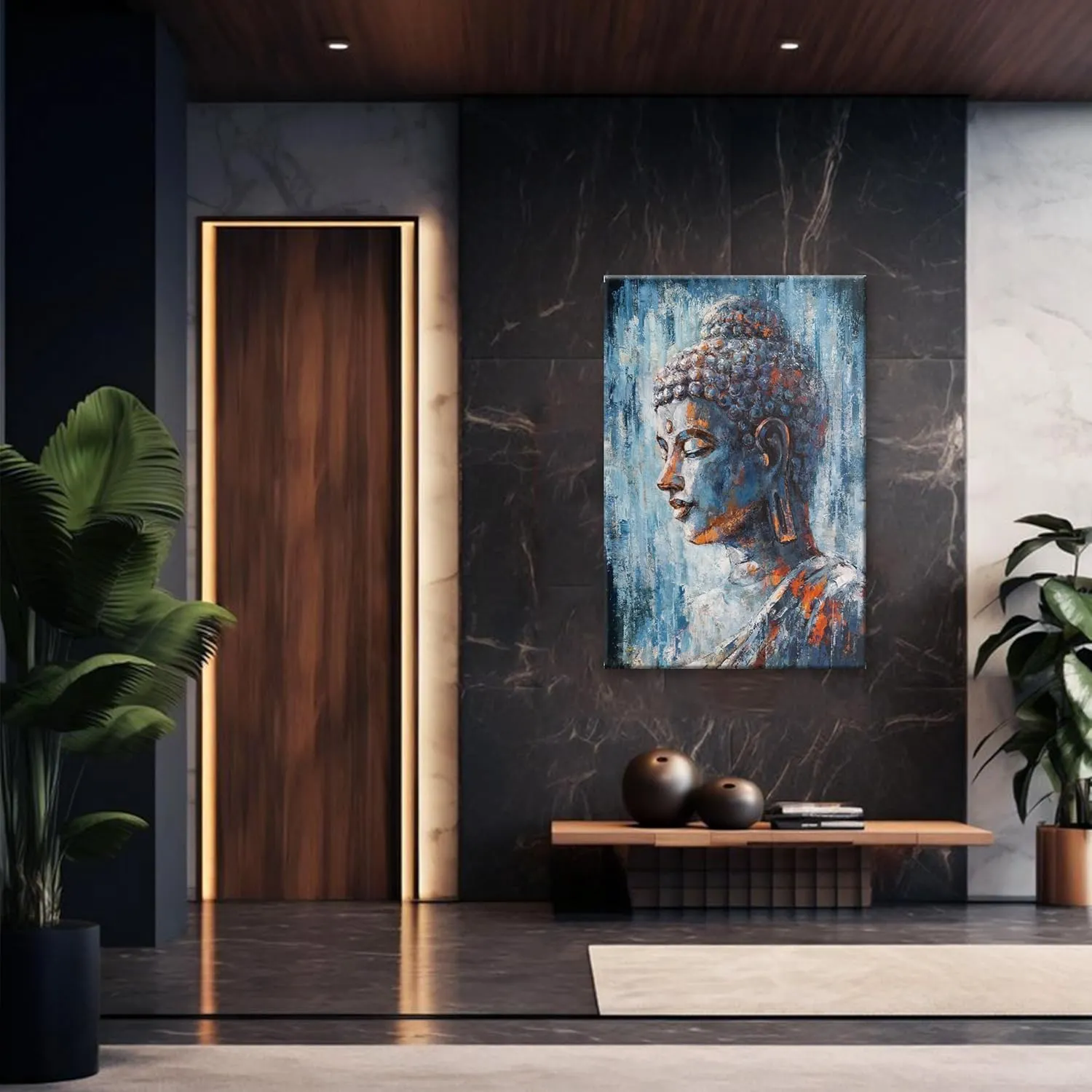 Large Buddha Statue Decor Wall Art Canvas Wall Decor Painting Buddha Head Picture Zen Art Dark Blue Artwork for Bathroom Bedroom Walls 32x48