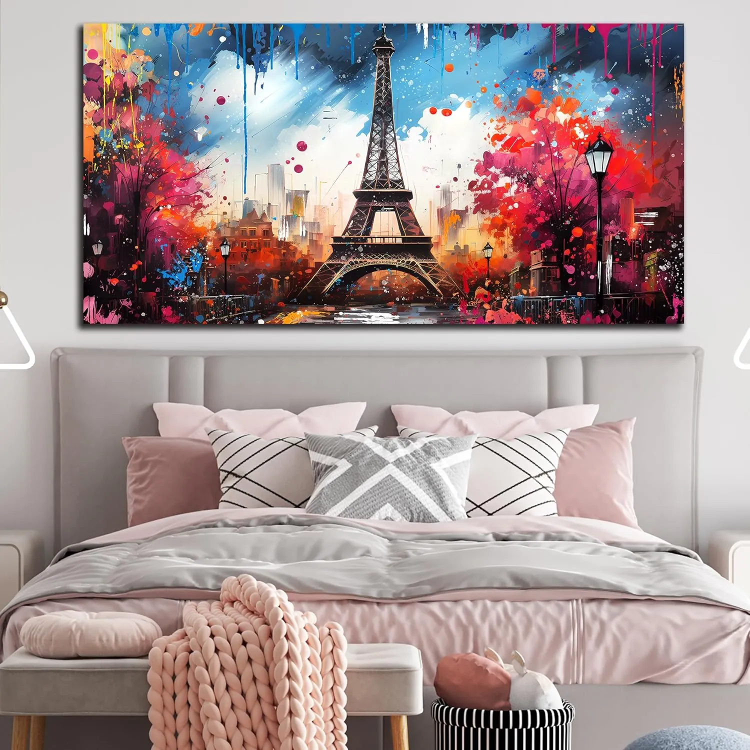Large Canvas Wall Art Paris Eiffel Tower Decor Modern Graffiti Canvas Prints Ready to Hang for Living Room Bedroom Framed Home Decor Size 24x48