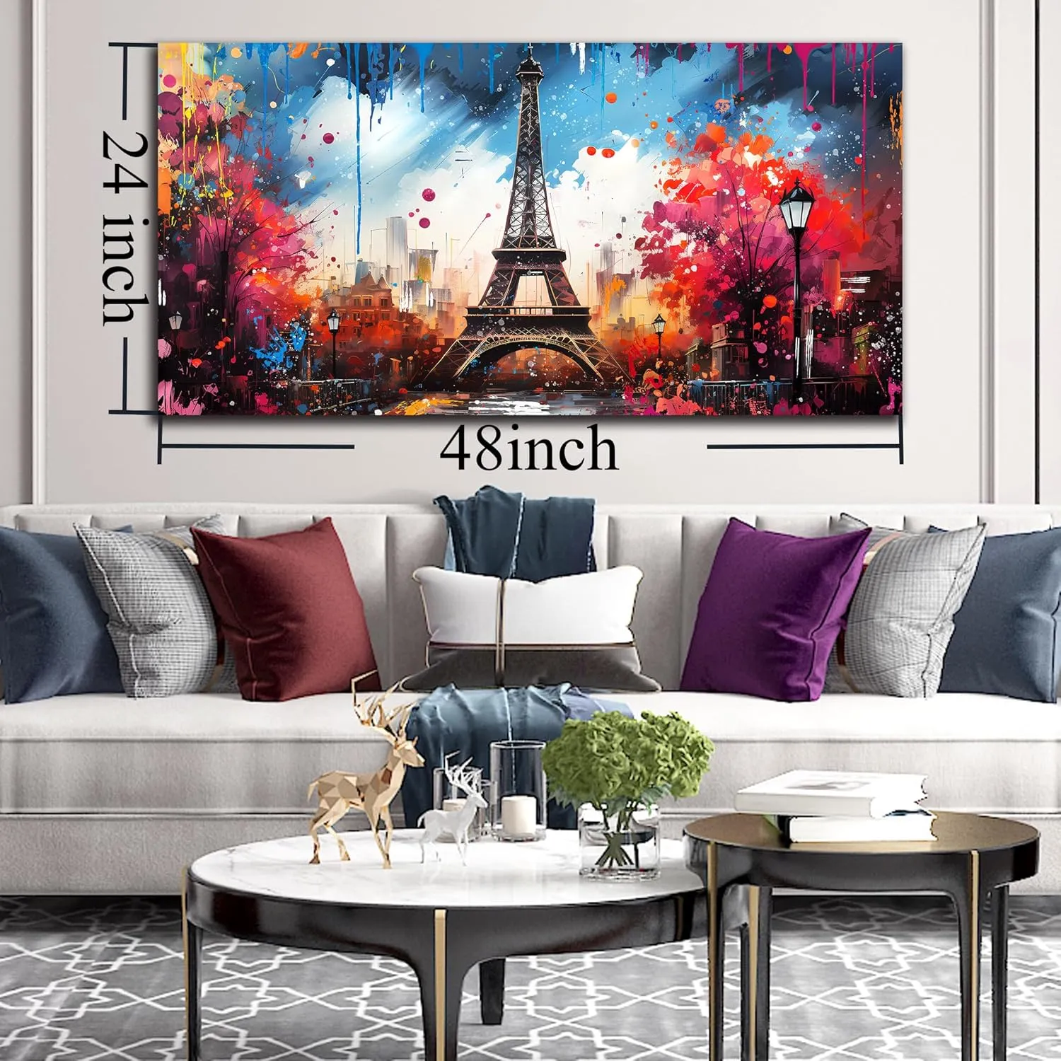Large Canvas Wall Art Paris Eiffel Tower Decor Modern Graffiti Canvas Prints Ready to Hang for Living Room Bedroom Framed Home Decor Size 24x48
