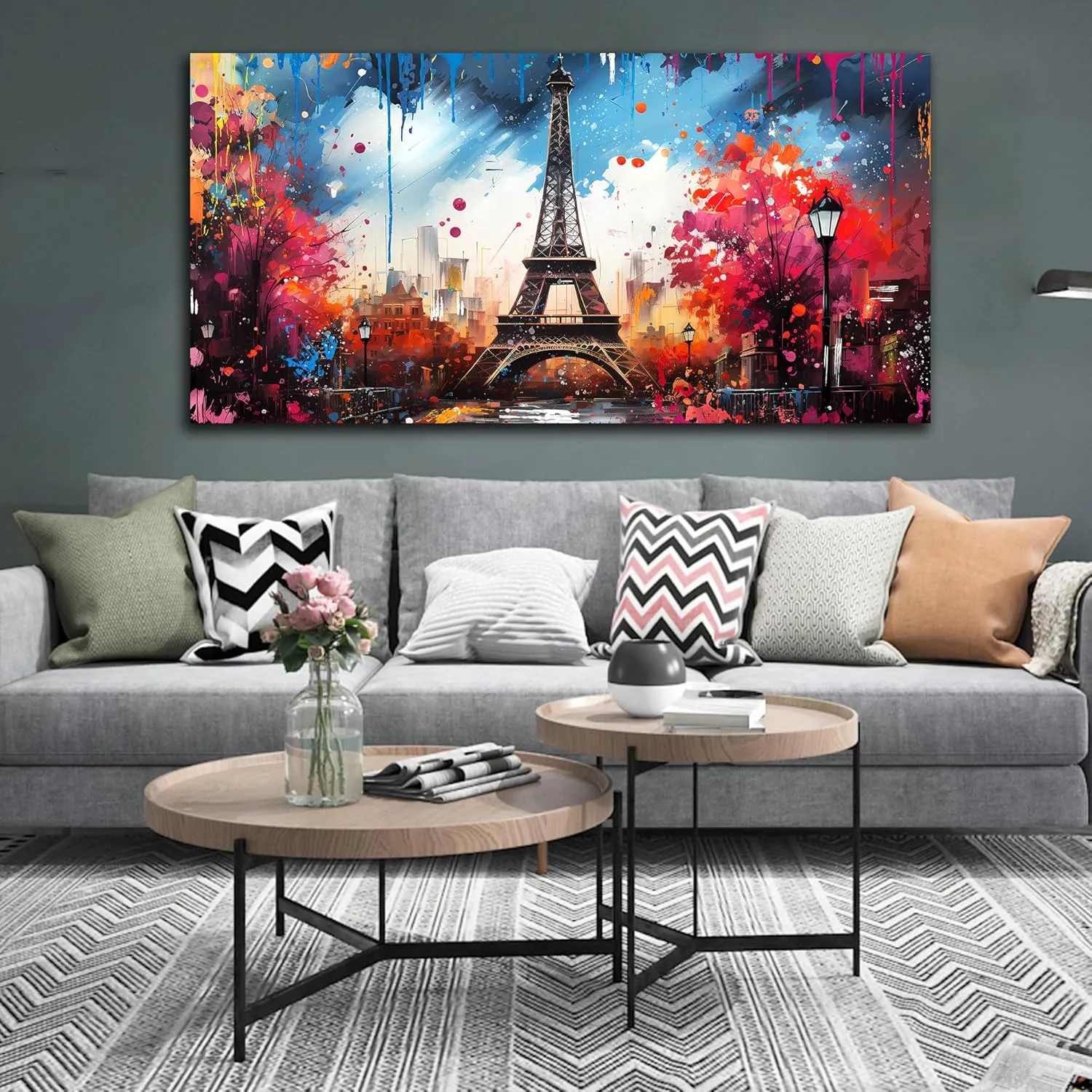 Large Canvas Wall Art Paris Eiffel Tower Decor Modern Graffiti Canvas Prints Ready to Hang for Living Room Bedroom Framed Home Decor Size 24x48