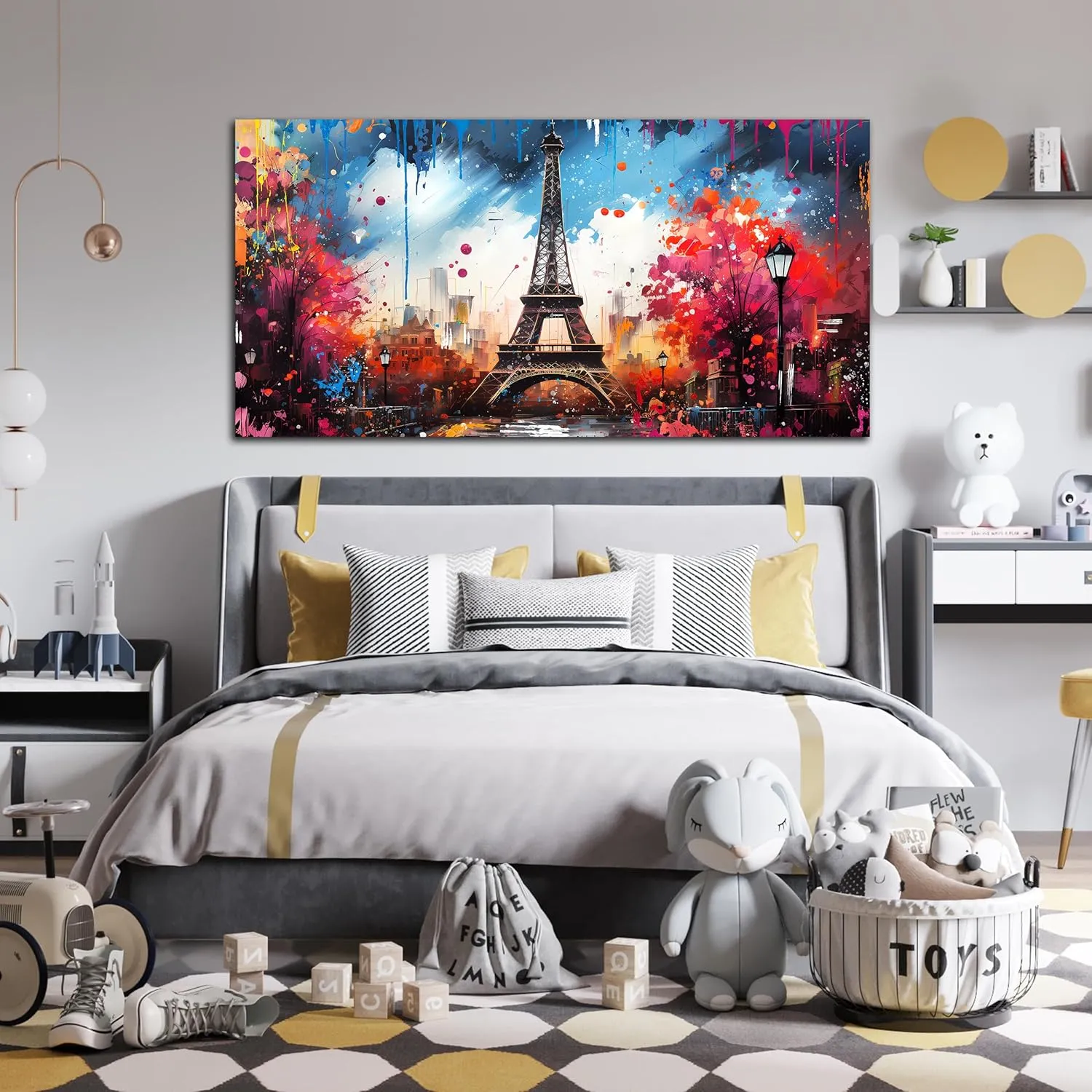Large Canvas Wall Art Paris Eiffel Tower Decor Modern Graffiti Canvas Prints Ready to Hang for Living Room Bedroom Framed Home Decor Size 24x48