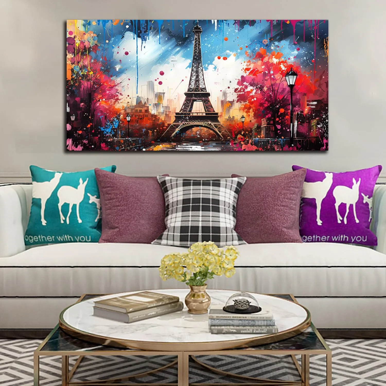 Large Canvas Wall Art Paris Eiffel Tower Decor Modern Graffiti Canvas Prints Ready to Hang for Living Room Bedroom Framed Home Decor Size 24x48