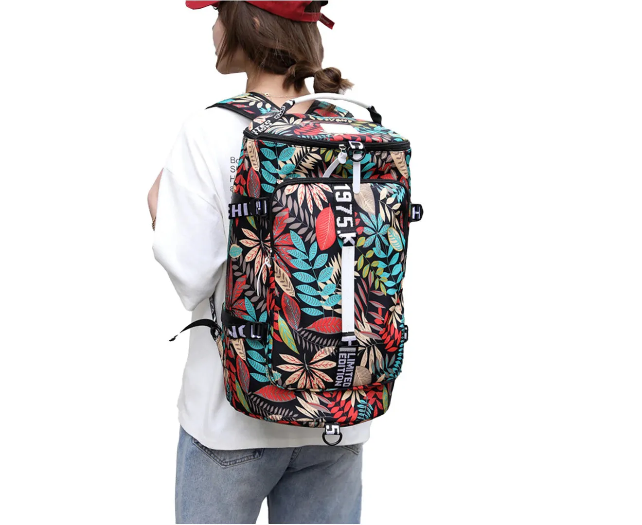 Large Capacity Flower Pattern Travel Duffle Bag Sport Gym Backpack - Red