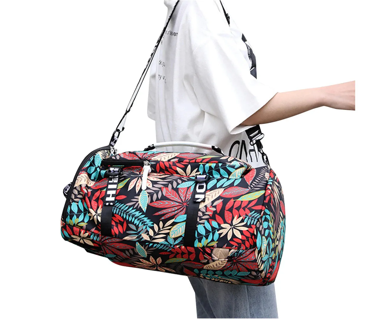 Large Capacity Flower Pattern Travel Duffle Bag Sport Gym Backpack - Red