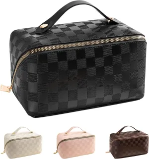Large Capacity Makeup Bag, Travel Cosmetic Bag, PU Leather Makeup Pouches for Women, Waterproof Portable Large Wide-open Pouch with Divider and Handle for Travel Makeup Bag (black)