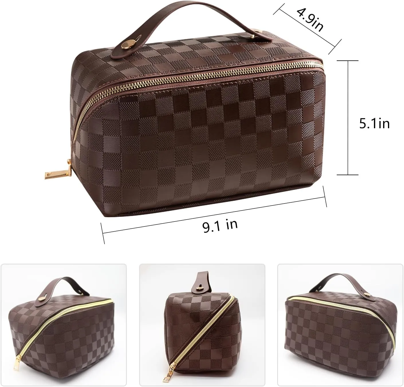 Large Capacity Makeup Bag, Travel Cosmetic Bag, PU Leather Makeup Pouches for Women, Waterproof Portable Large Wide-open Pouch with Divider and Handle for Travel Makeup Bag (brown)