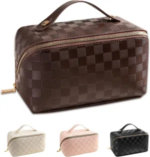 Large Capacity Makeup Bag, Travel Cosmetic Bag, PU Leather Makeup Pouches for Women, Waterproof Portable Large Wide-open Pouch with Divider and Handle for Travel Makeup Bag (brown)