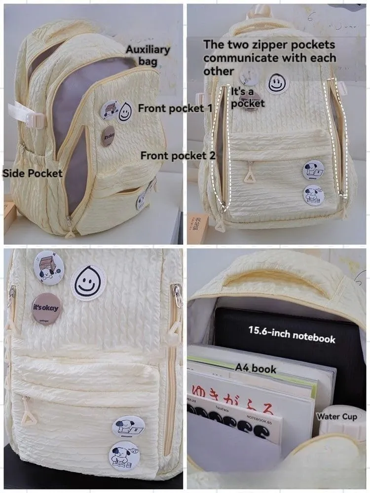 Large Capacity Textured Waterproof Backpack with pins and Accessories small cosmetic bag (White)