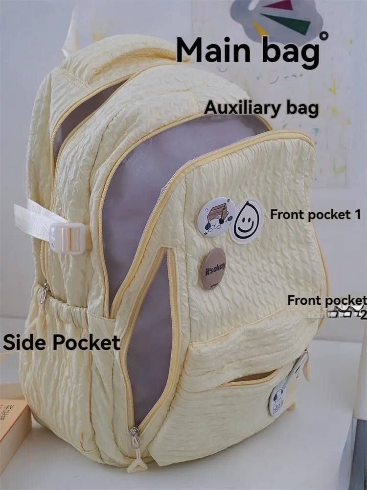 Large Capacity Textured Waterproof Backpack with pins and Accessories small cosmetic bag (White)