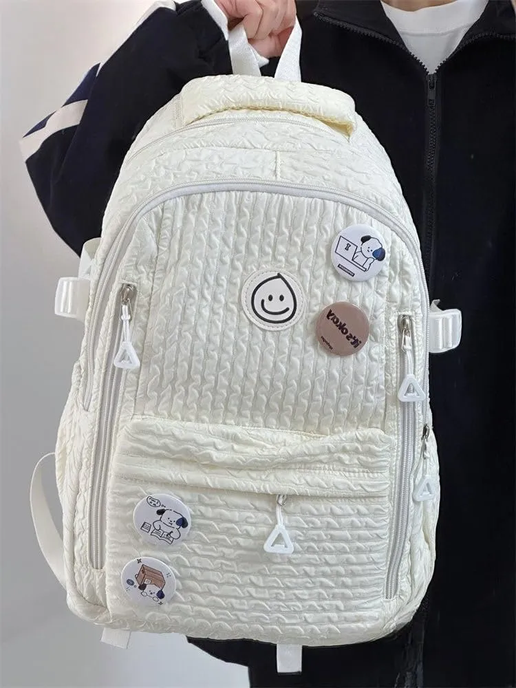 Large Capacity Textured Waterproof Backpack with pins and Accessories small cosmetic bag (White)