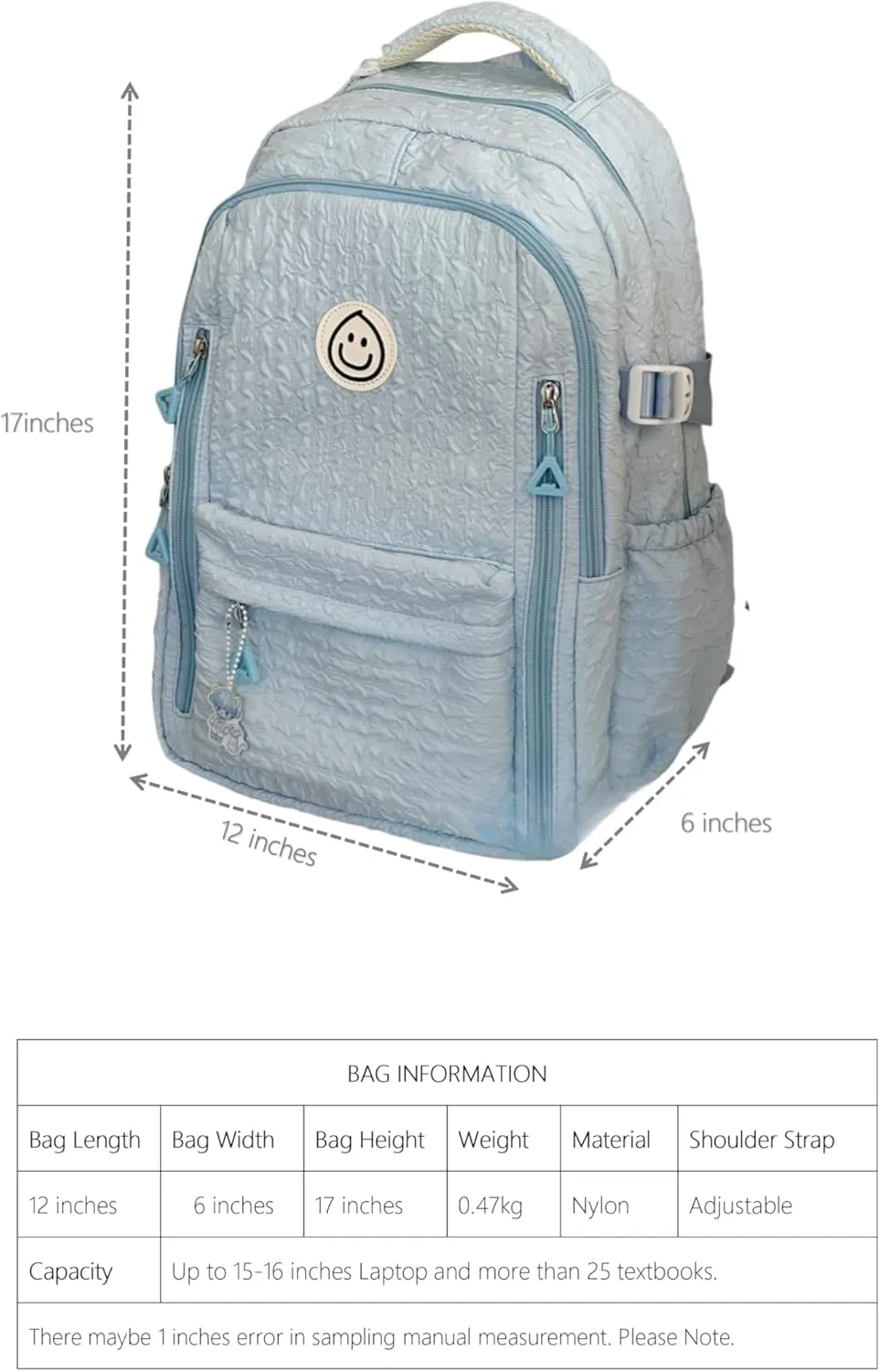 Large Capacity Textured Waterproof Backpack with pins and Accessories small cosmetic bag (White)