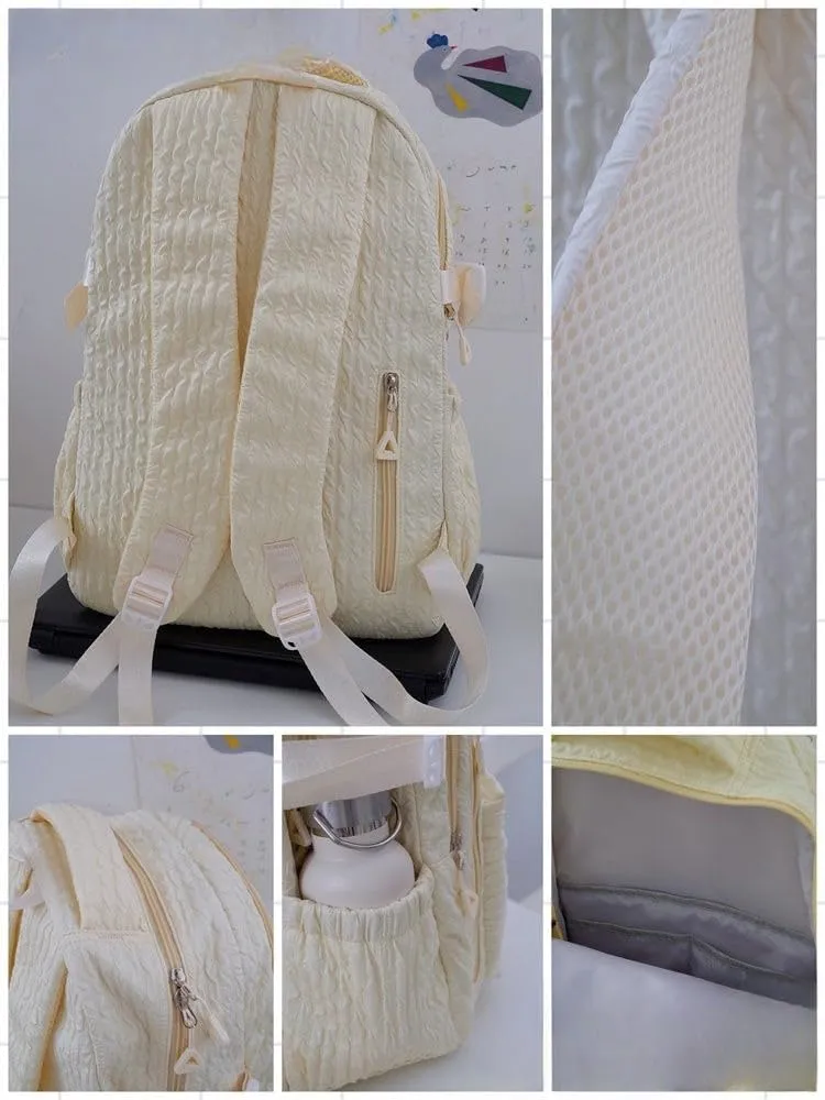 Large Capacity Textured Waterproof Backpack with pins and Accessories small cosmetic bag (White)