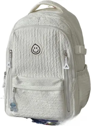 Large Capacity Textured Waterproof Backpack with pins and Accessories small cosmetic bag (White)
