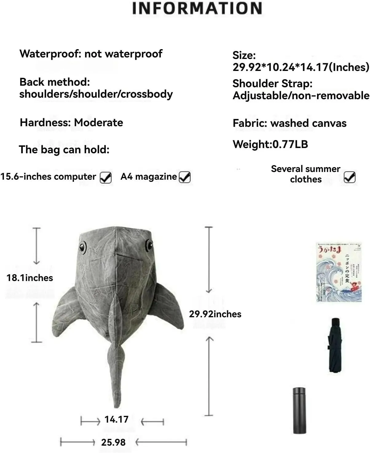 Large Capacity Whale Shark Backpack Cute Street Fashion Bag for Adults Ita bag (Light grey) 1