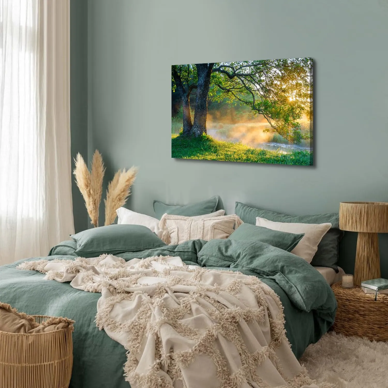 Large Forest Canvas Wall Art for Living Room Green Nature Landscape Pictures Sunlight Mountain Scenery Wall Decor Natural Wilderness Plant Tree Painting Artwork Bedroom Office Home Decorations 32x48”