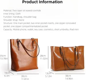 Large Leather Tote Handbag, Oil Waxed Cowhide, Multiple Pockets