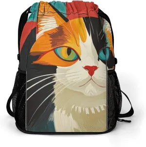 Large Sports Drawstring Backpack Modern Art Cat Printed with Dry-Wet Separation | Digital Print Gym Sack | Waterproof Fabric | Shoe Compartment & PVC Pocket | Hydration Mesh for Fitness, Travel, Work