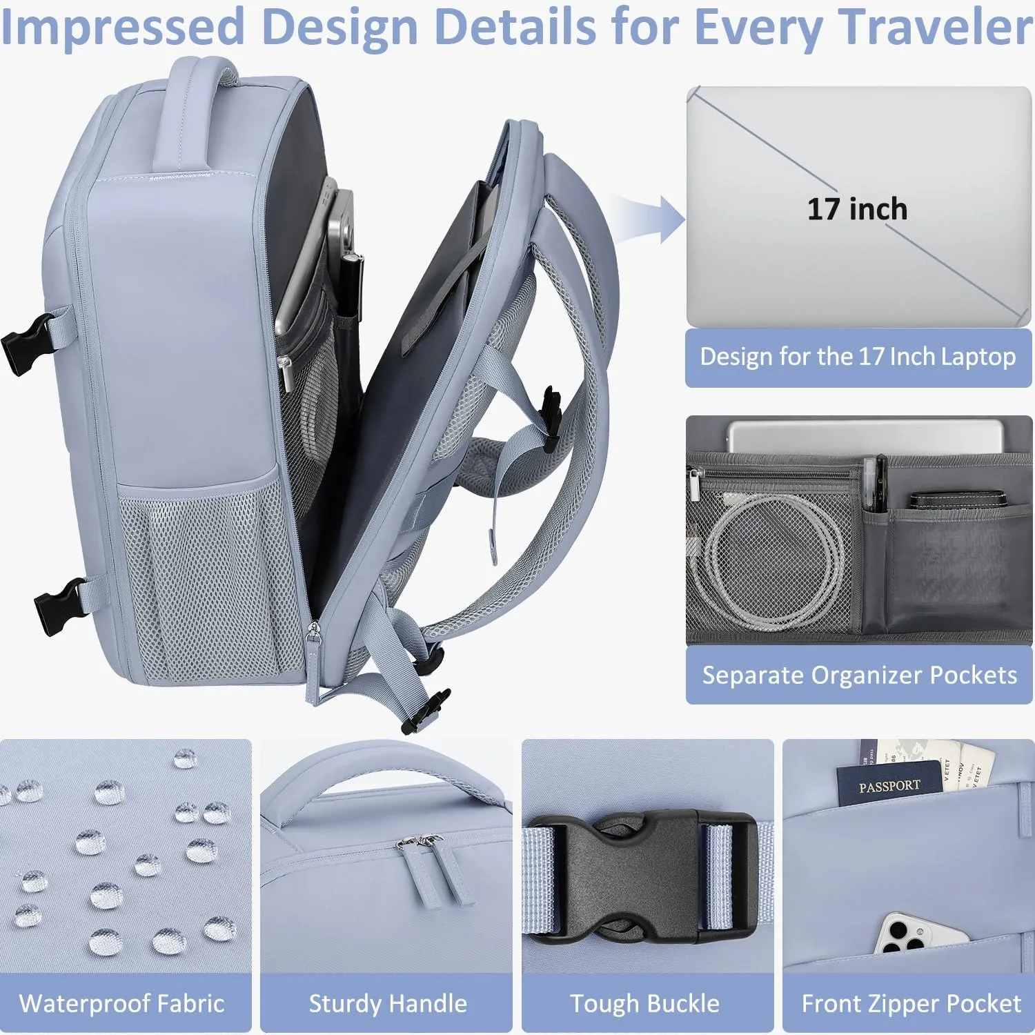 Large Travel Backpack for Women Personal Item for Airlines17 Inch Laptop Backpack College Business Work Weekender Hiking Womens Travel Backpack Blue