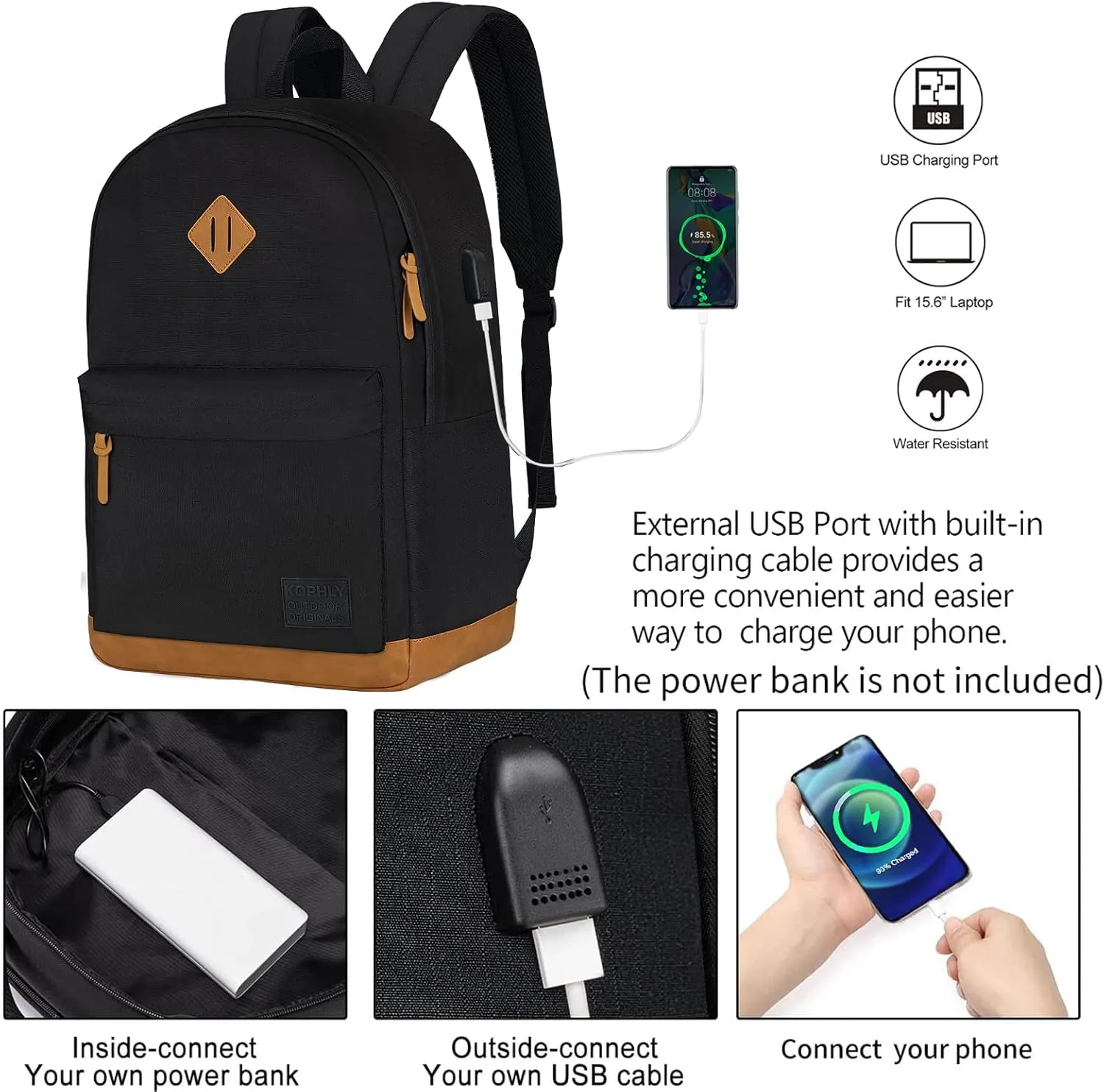 Large Travel Laptop Backpack with USB Charging Port for Men and Women, Classic School Backpack for Boys and Girls, Work Bag(18Inches/Black)