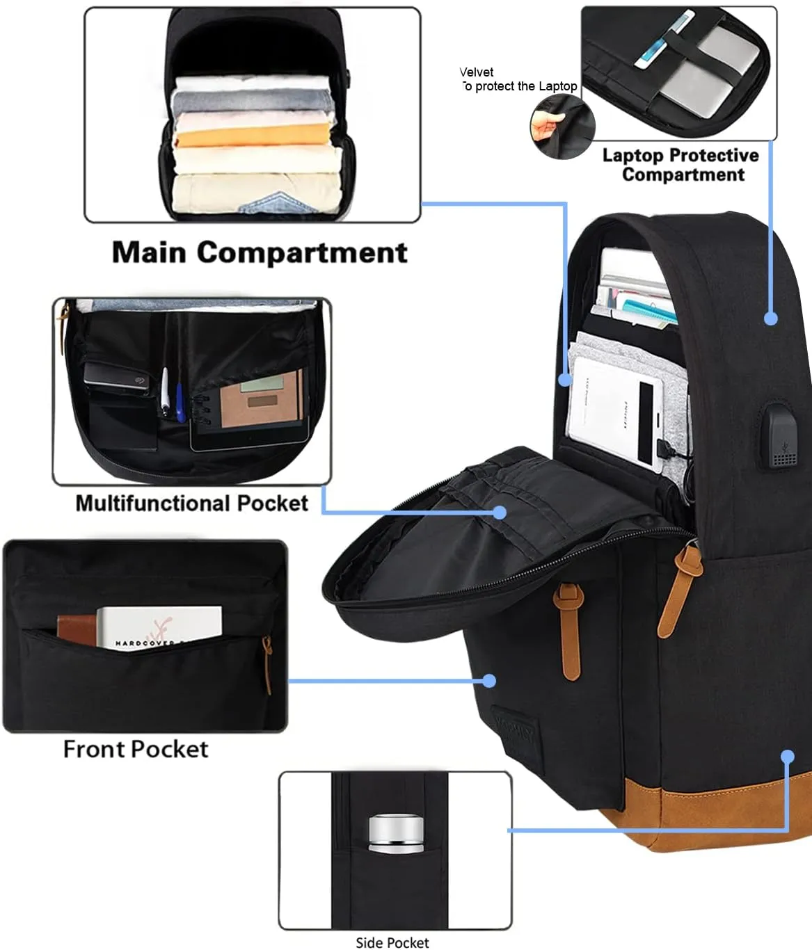 Large Travel Laptop Backpack with USB Charging Port for Men and Women, Classic School Backpack for Boys and Girls, Work Bag(18Inches/Black)