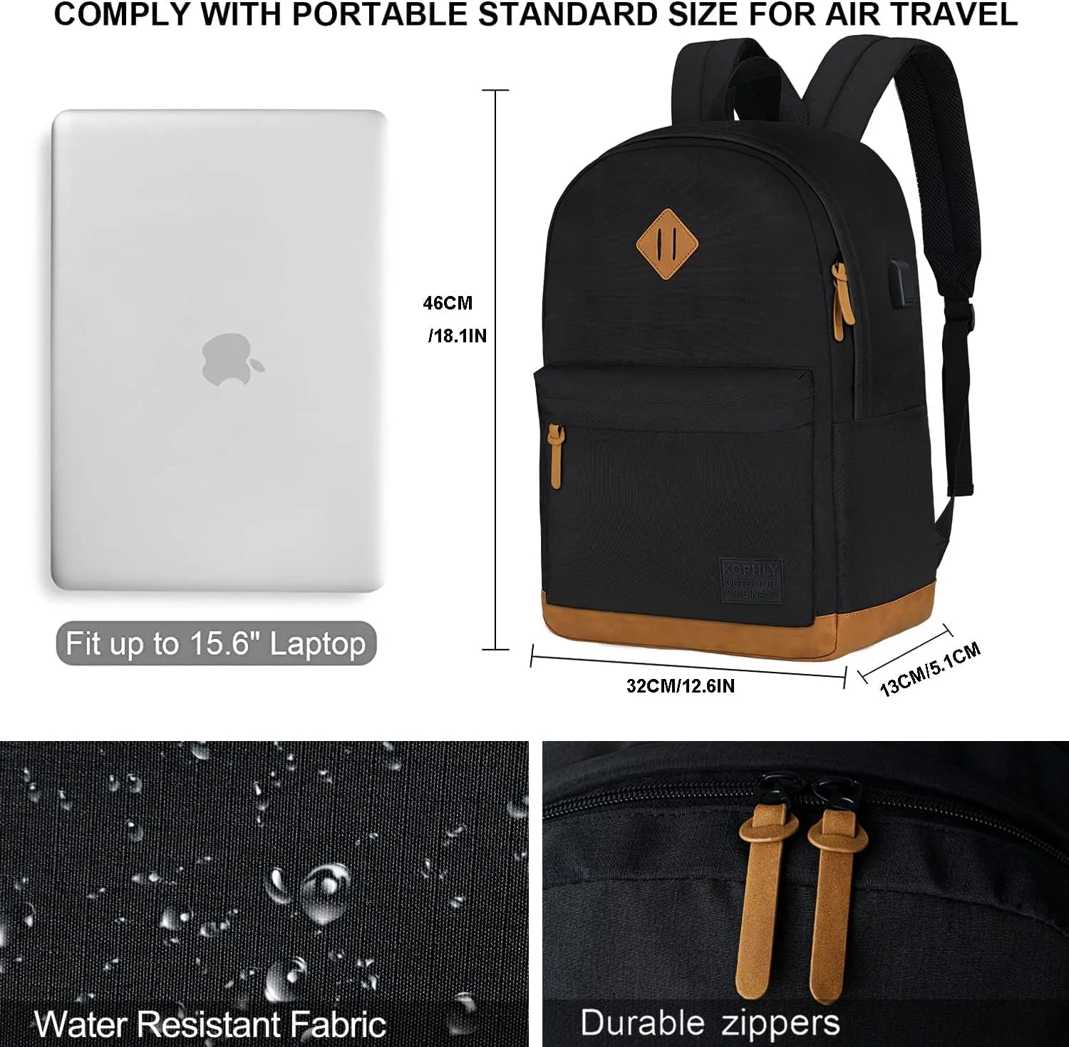 Large Travel Laptop Backpack with USB Charging Port for Men and Women, Classic School Backpack for Boys and Girls, Work Bag(18Inches/Black)