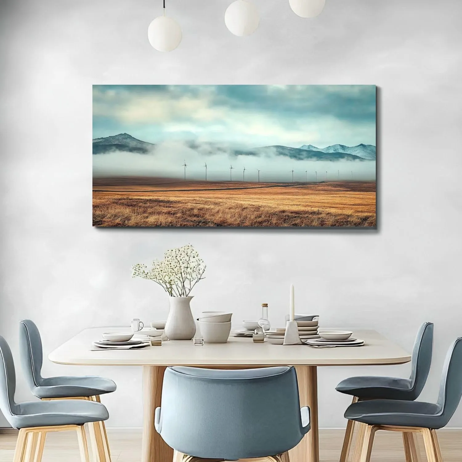 Large Wall Art Autumn view line windmills morning mist snow capped mountains distance Painting Picture Print on Canvas Wall Art for Living Room Bedroom Modern Home Wall Decor Framed Artwork 20x40inch