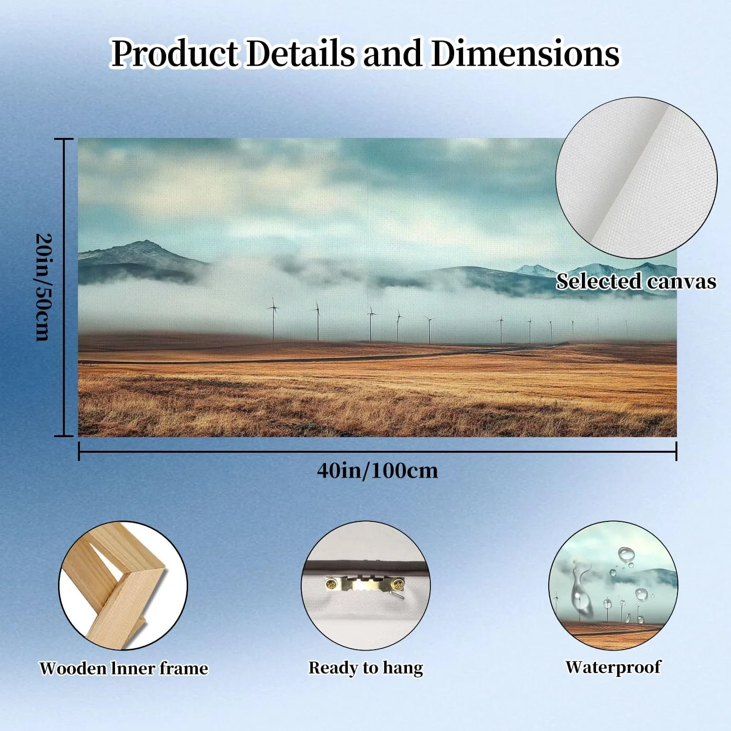 Large Wall Art Autumn view line windmills morning mist snow capped mountains distance Painting Picture Print on Canvas Wall Art for Living Room Bedroom Modern Home Wall Decor Framed Artwork 20x40inch
