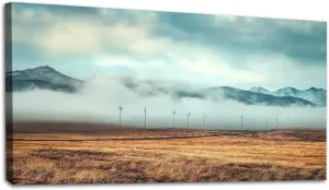 Large Wall Art Autumn view line windmills morning mist snow capped mountains distance Painting Picture Print on Canvas Wall Art for Living Room Bedroom Modern Home Wall Decor Framed Artwork 20x40inch
