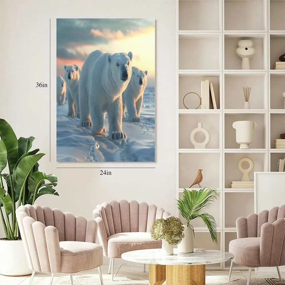 Large Wall Art Decor Polar bear family the arctic region setting sun shining Group wild Vertical Pictures Framed Canvas Wall Art for Living Room Bedroom Bathroom Artwork Paintings Kitchen 36x24