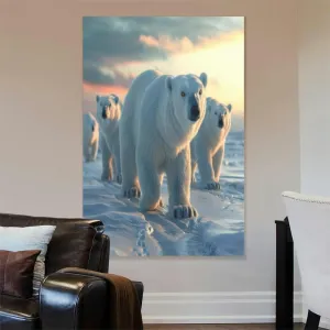 Large Wall Art Decor Polar bear family the arctic region setting sun shining Group wild Vertical Pictures Framed Canvas Wall Art for Living Room Bedroom Bathroom Artwork Paintings Kitchen 36x24