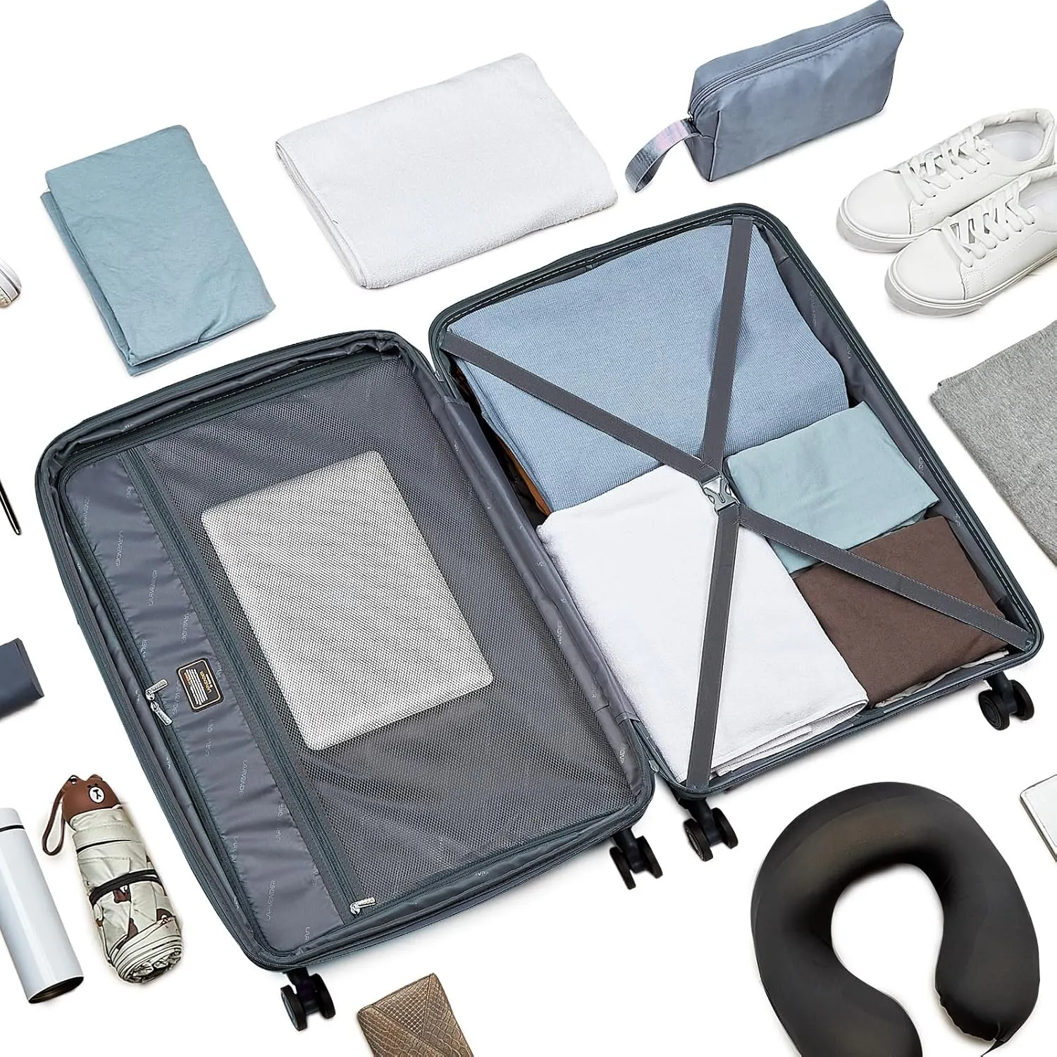 LARVENDER Luggage Sets 3 Piece, 20in Carry On Luggage, PP Hardshell Suitcase Set, Expandable Luggage with Spinner Wheels, Carry On Suitcase With Travel Backpack for Men Women(GREY GREEN/20/BP/TB)
